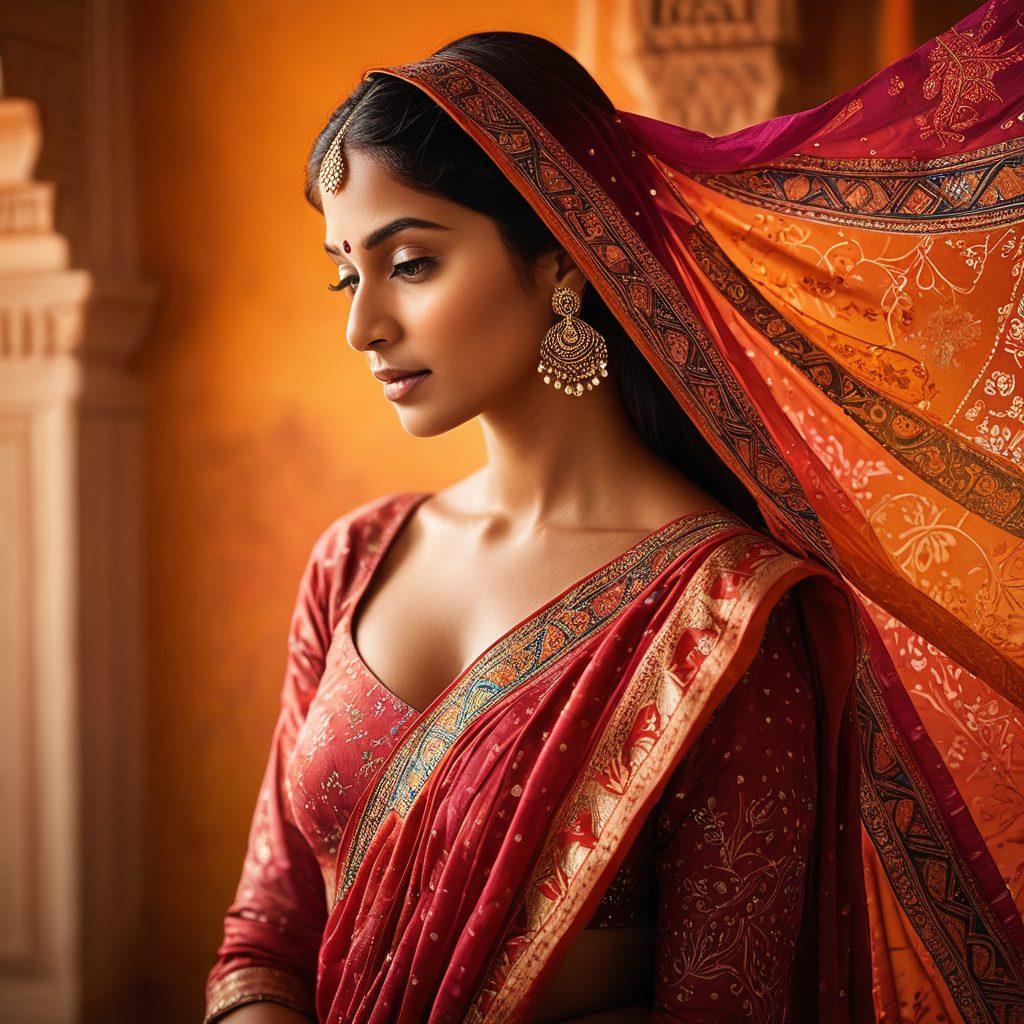 A captivating and elegant silhouette of an Indian woman in a traditional outfit, gracefully posing with flowing fabrics that symbolize empowerment and sensuality. In the background, a fusion of vibrant colors and abstract patterns representing Indian culture, with subtle hints of traditional motifs. Soft lighting creates an inviting and warm atmosphere, enhancing the theme of exploration and intimacy. super-realistic. vibrant colors. soft focus.