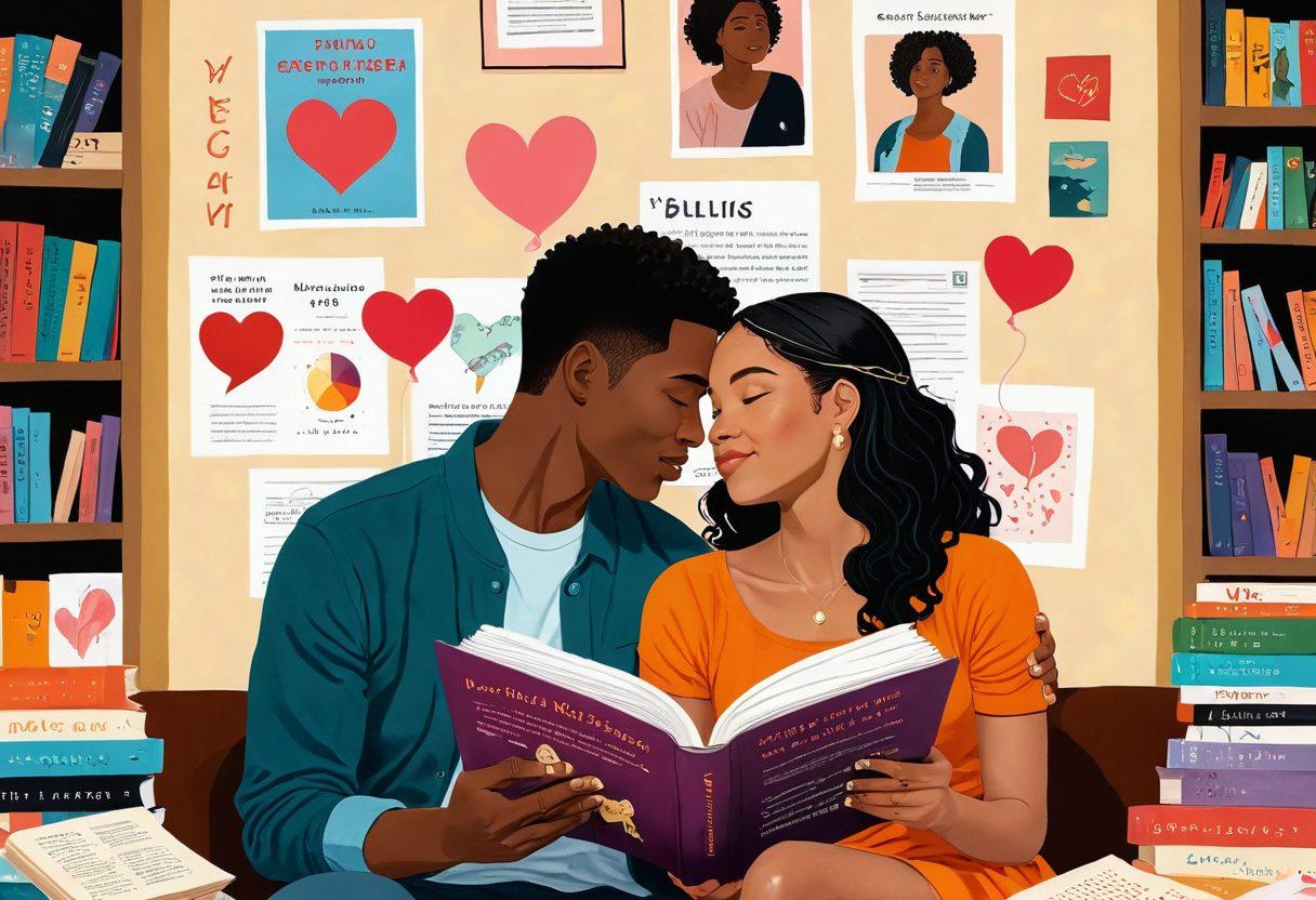 An intimate and serene scene showcasing two diverse couples sharing a tender moment, surrounded by educational materials like books and charts on sexual health and relationships. Incorporate elements symbolizing openness and communication, such as speech bubbles and hearts in the background. The setting should be warm and inviting, with soft lighting that enhances the emotional connection. super-realistic. vibrant colors. warm tones.