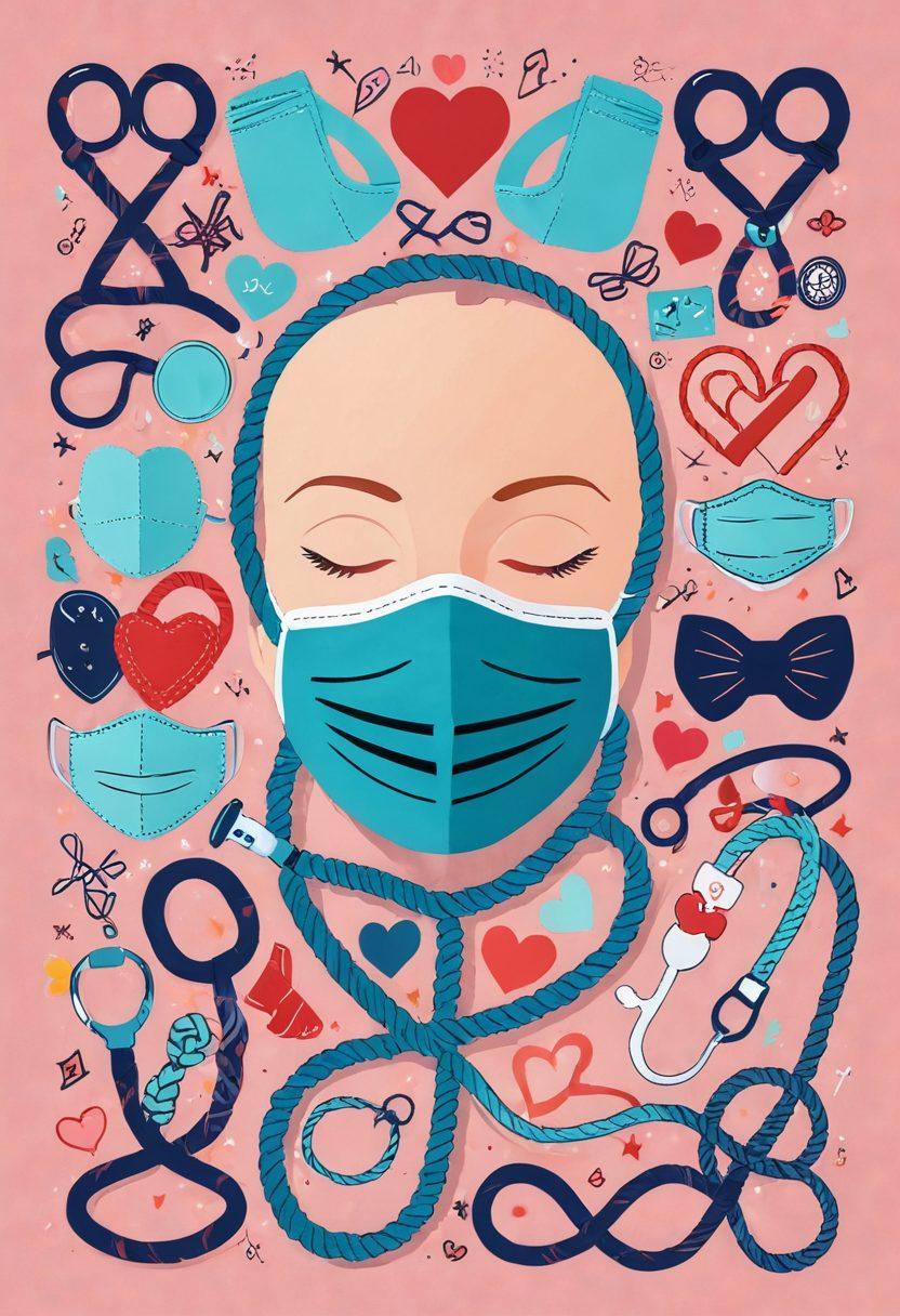 A visually engaging collage featuring playful and whimsical elements of kink, such as ropes, masks, and leather accessories, alongside informative symbols of sexual health like a stethoscope, heart, and medical icons. The background should be a gradient of soft pastels to evoke a sense of both fun and professionalism, fostering a welcoming adult atmosphere. This image should balance sensuality with education, appealing to diverse audiences. vibrant colors. modern illustration.